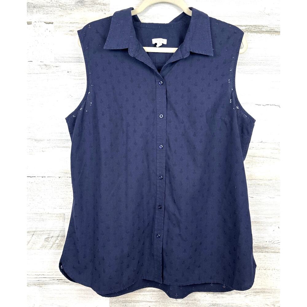 Talbots Womens XL Navy Blue Anchor Print Sleeveless Button Up Blouse